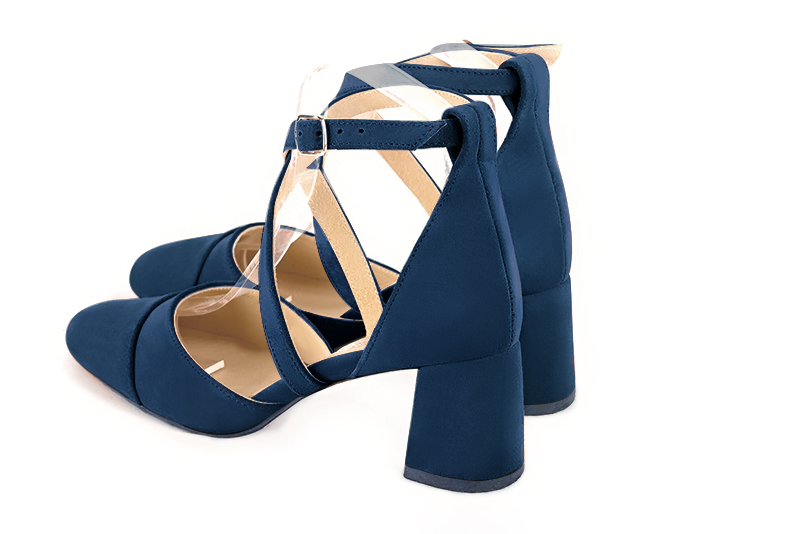 Navy blue women's open side shoes, with crossed straps. Round toe. Medium flare heels. Rear view - Florence KOOIJMAN